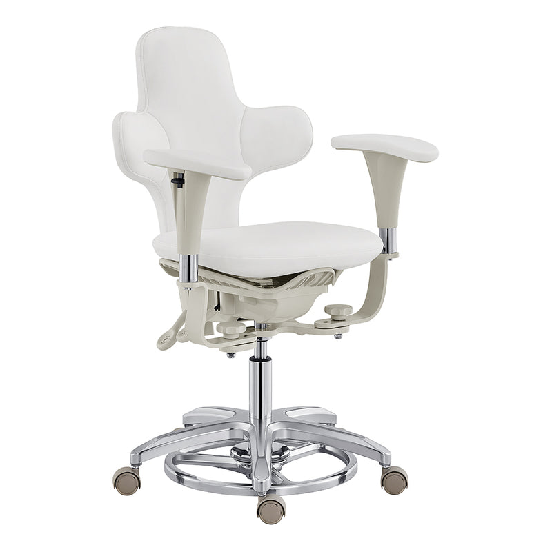 Hazel Ergonomic Microscope Chair in white color, featuring adjustable armrests and a swivel base with smooth casters.
