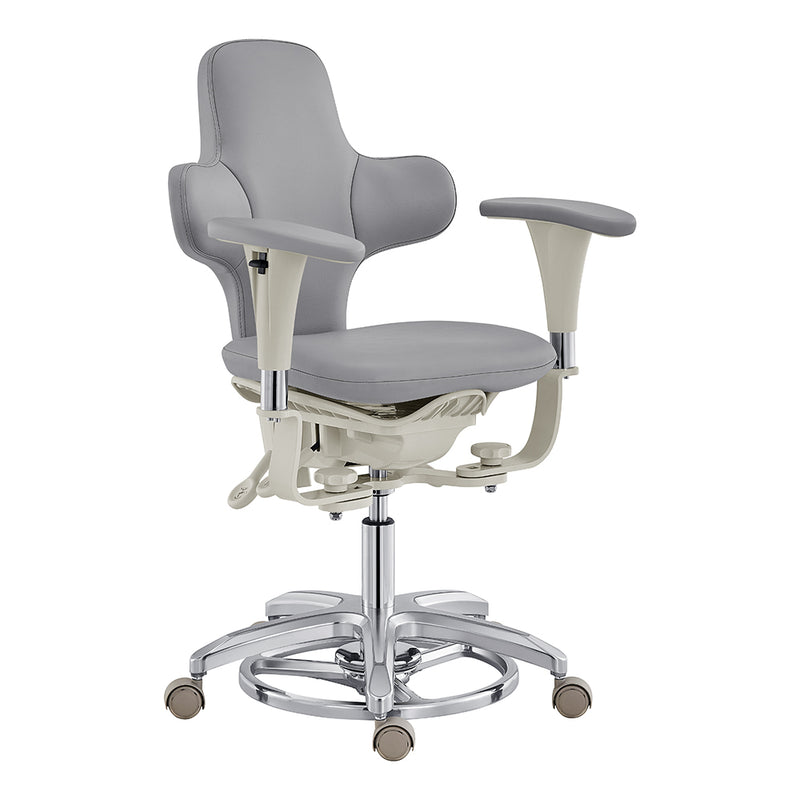 Hazel Ergonomic Microscope Chair with adjustable features, including a gray backrest, armrests, and a swivel base, designed for medical professionals.