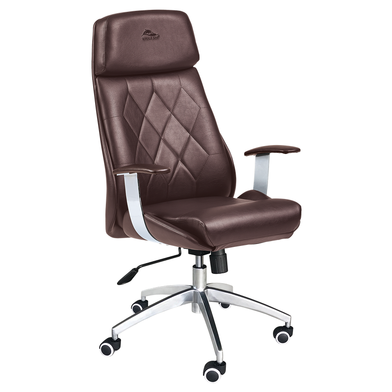 Whale Spa Customer Chair Diamond 3309 in Chocolate, ergonomic with chrome arms and wheels.