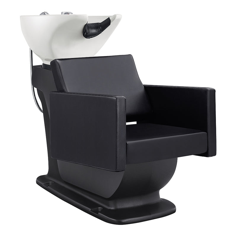 Takaran Shampoo Backwash Unit Black by DIR with tilting ceramic sink and adjustable chair.