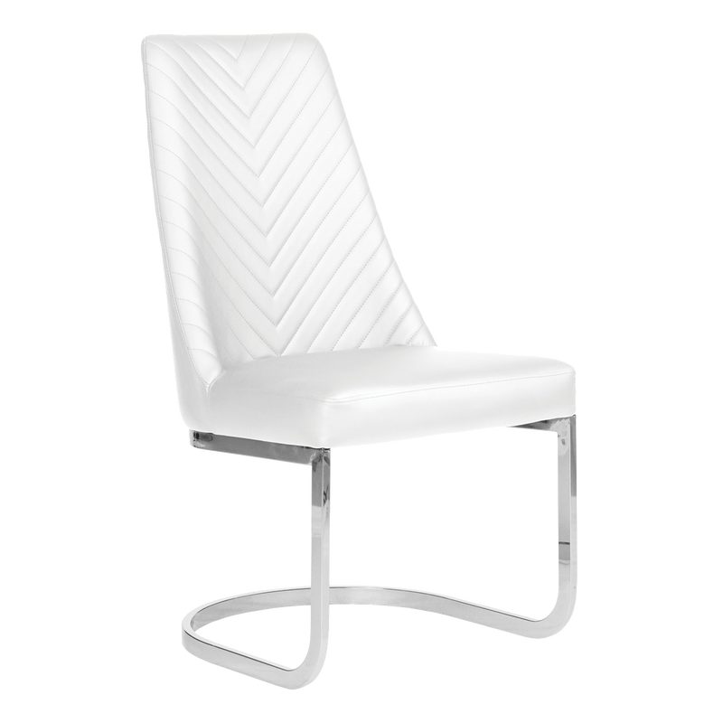 Whale Spa Customer Chair Chevron in white with chevron stitching and chrome cantilever base.