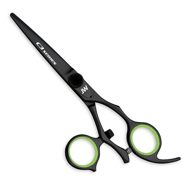JW Shears JW C3 Swivel Series swivel thumb shears with green rings, on a white background.
