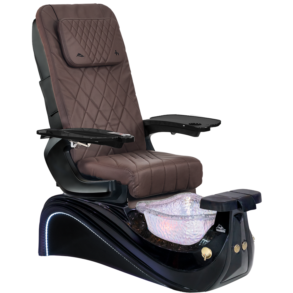 Victoria III chocolate and black pedicure chair with a bowl on a white background