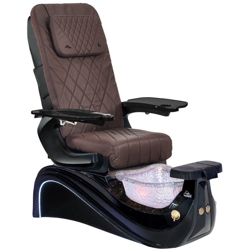 Victoria III chocolate and black pedicure chair with a bowl on a white background