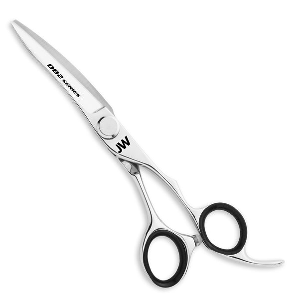 JW Shears DB2 Series right-handed shears with finger rests and black inserts for comfort.