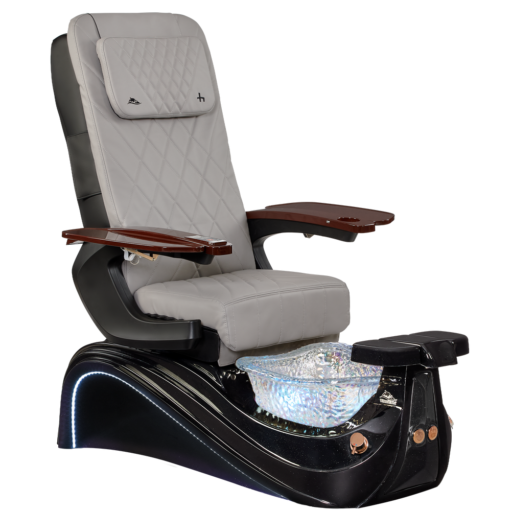 Victoria III Pedicure chair with gray cushioned seat and wooden armrests on a white background