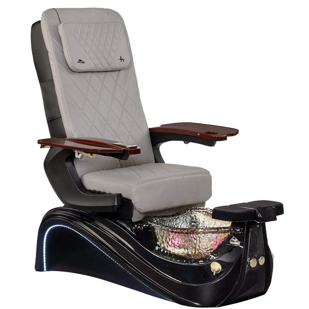 Victoria III Pedicure chair with gray cushioned seat and wooden armrests on a white background