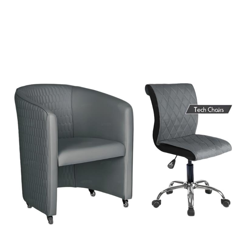 Gulfstream GS9057-02 quilted chair & GS9020 tech stool, both in modern gray with wheels.