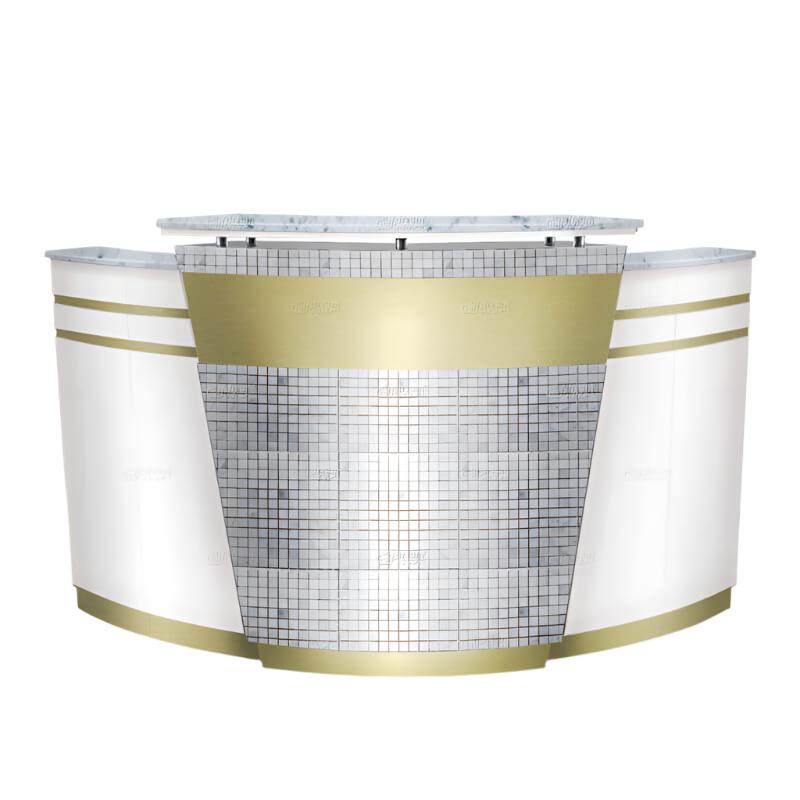 Gulfstream GS9117 Verona Reception Desk: curved, modern with gold, silver, and glossy white accents.