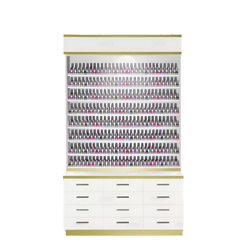 The Gulfstream GS9121 Verona Polish Rack with Cabinet neatly stores assorted nail polish bottles.