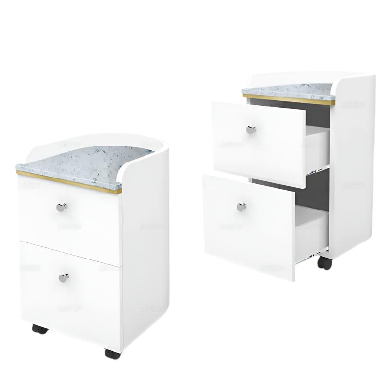 Gulfstream GS9126 Verona: White pedicure cart with two drawers and marble-patterned top.