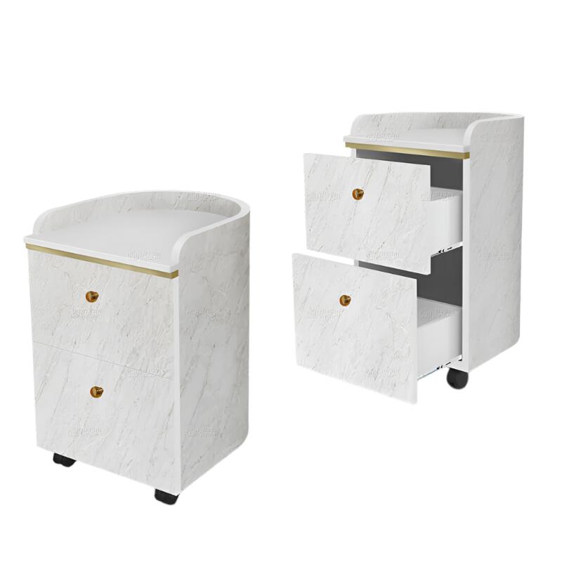 Two Gulfstream GS9146 Fidenza pedicarts, one open and one closed, for salon storage.