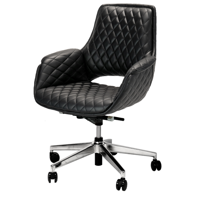 Whale Spa Customer Chair Jewel in Black—modern quilted PU leather chair with metal base and casters.
