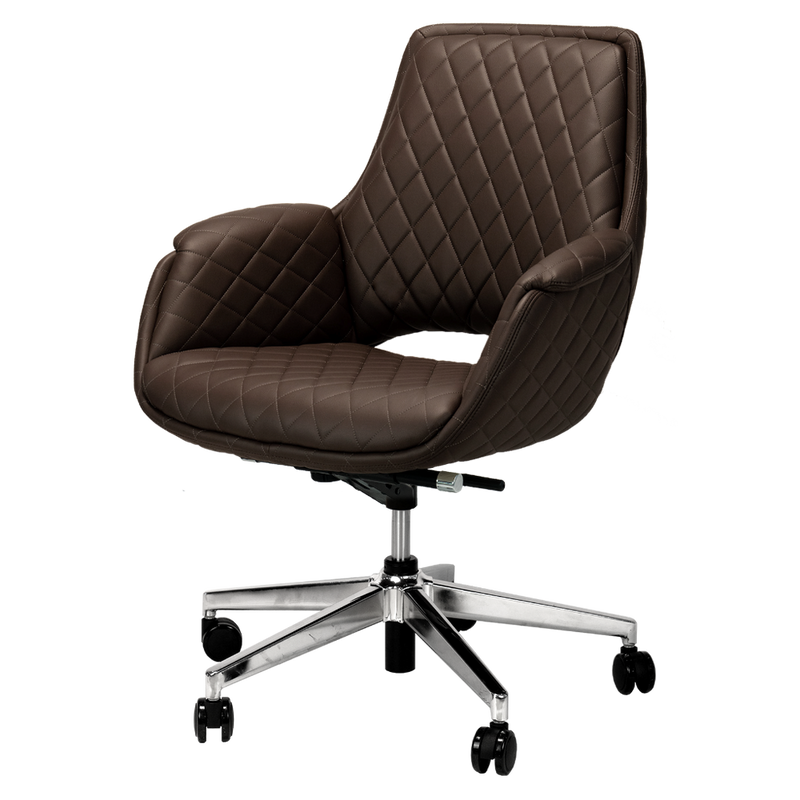 Whale Spa Jewel customer chair in chocolate with armrests and chrome base on wheels.