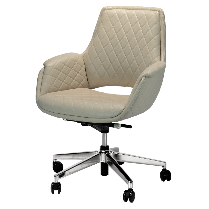Whale Spa's Customer Chair Jewel in Parchment, with armrests and wheels, suits modern salons.
