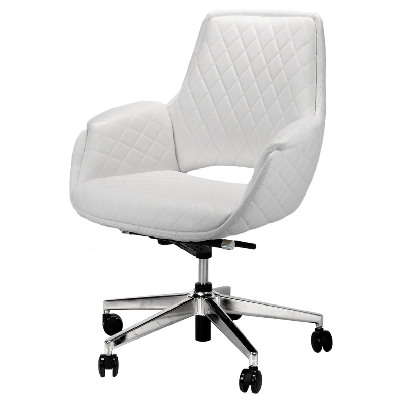 Whale Spa Jewel Customer Chair in white with armrests and chrome base on five wheels.
