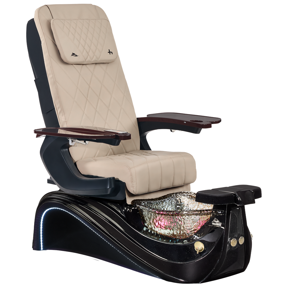 Victoria III Khaki and black pedicure chair with a bowl for water on a white background