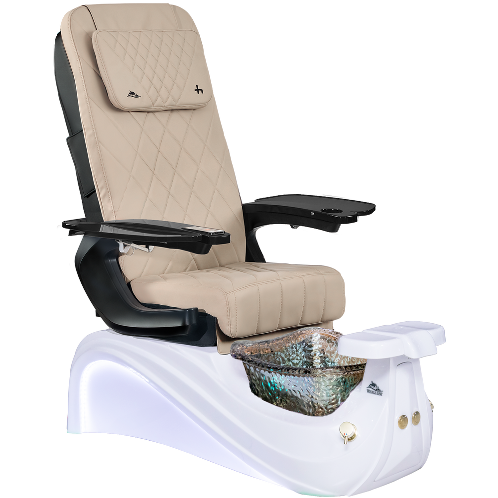 Victoria III Khaki pedicure chair with black armrests on a white background