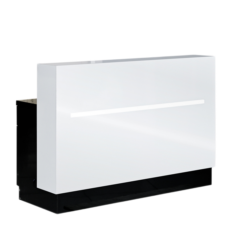 The Lux BW 2 Stripes Reception Desk by Whale Spa features a modern wood look and sleek black base.