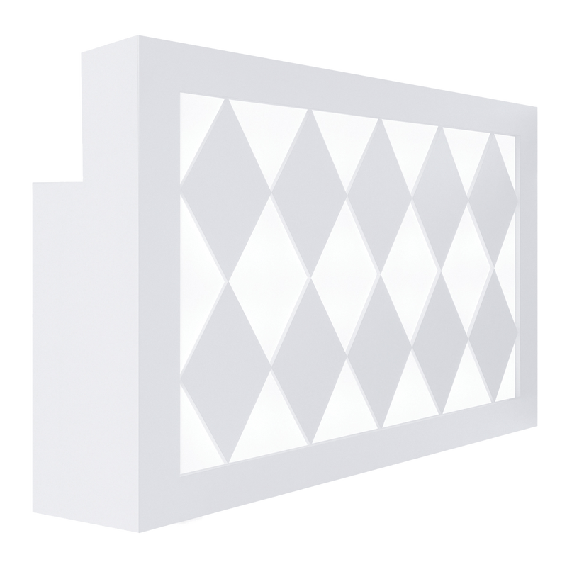 Whale Spa Diamond Wood Reception Desk: gloss white with LED diamond-patterned panel.