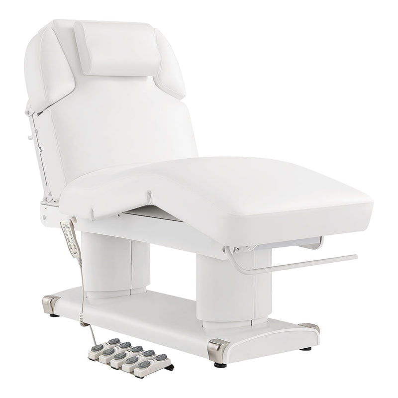 White spa table with adjustable features on a white background