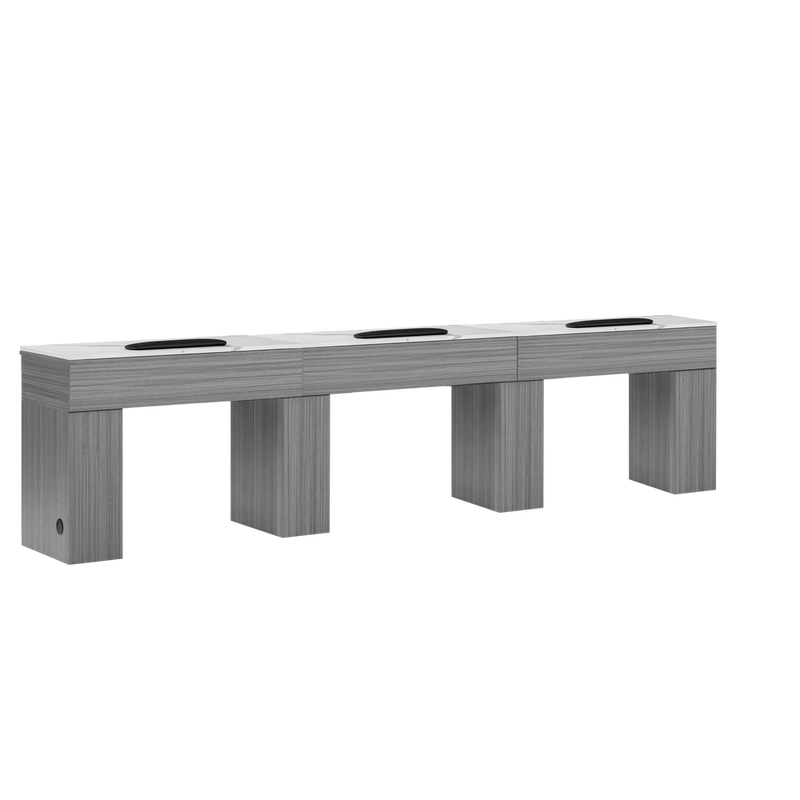 MIRA Triple manicure table with a gray wooden finish on a white background