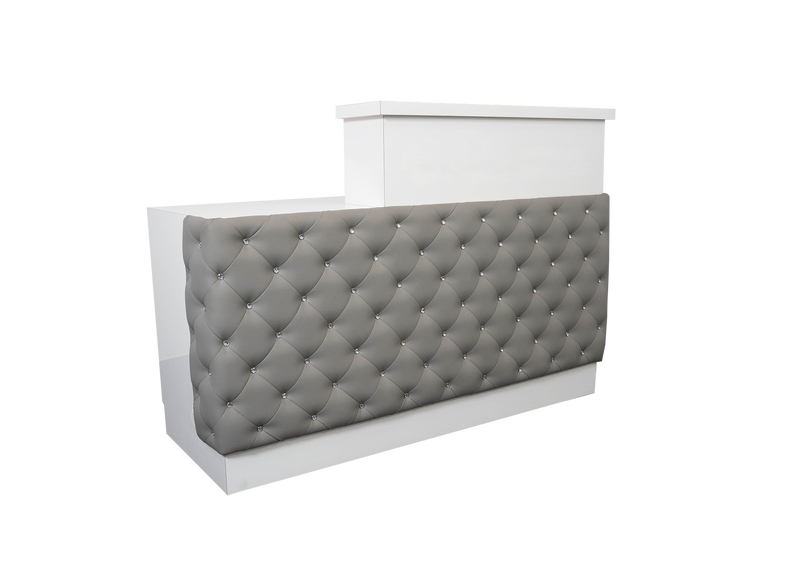 Valentino Lux Tufted Reception Desk by Whale Spa with white frame and gray Enduro Leather front.