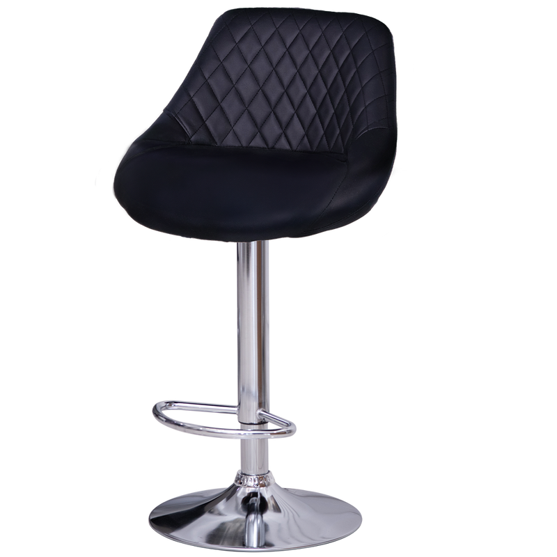 Black quilted bar stool with chrome base on a white background