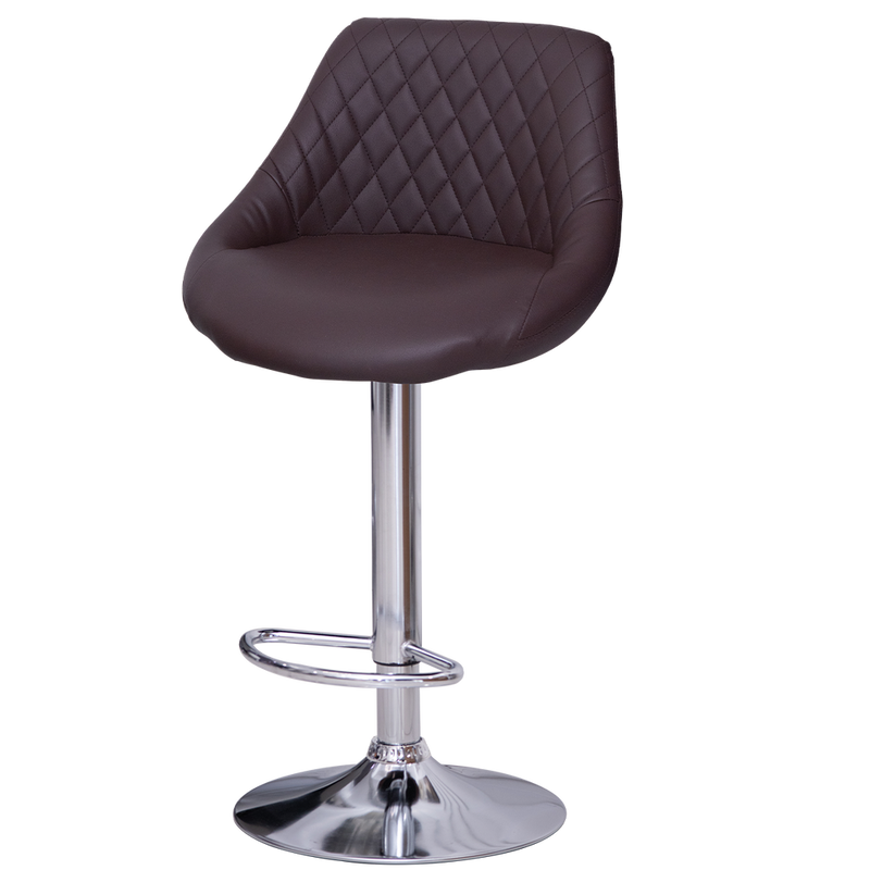 Chocolate quilted bar stool with a chrome base on a white background