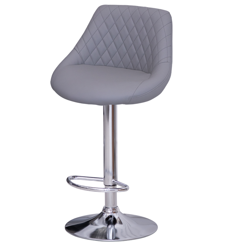 Gray quilted bar stool with chrome base on a white background