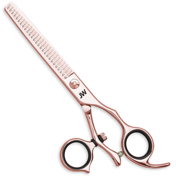 JW Shears JW RGS-40 rose gold thinning shear, convex blade, black inserts, JW handle.