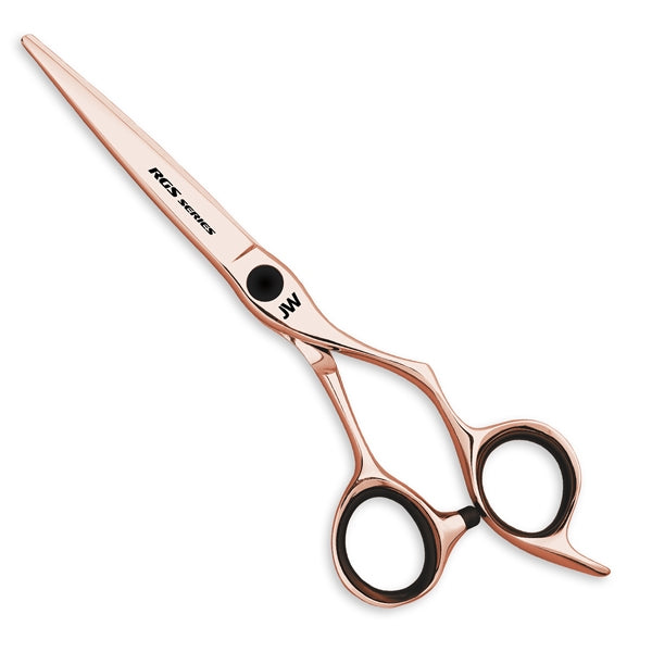 JW RGS Series right handed rose gold shears by JW Shears with black inserts on white background.