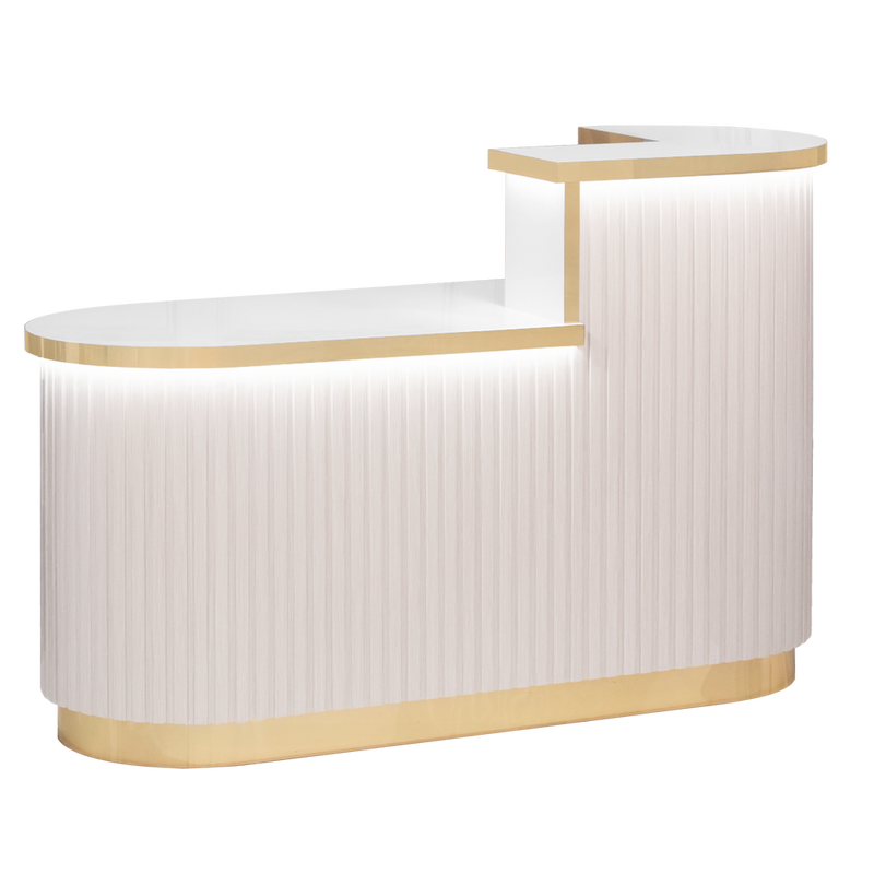 Beige reception desk with gold trim on a white background