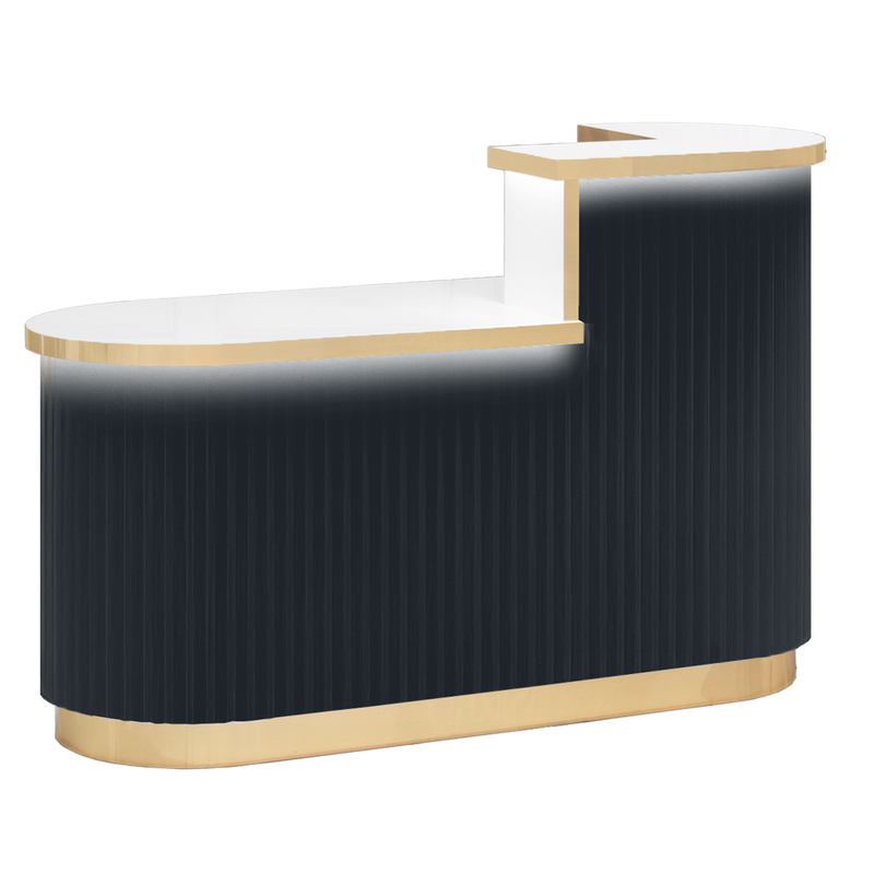 Whale Spa modern reception desk with charcoal and gold design on a white background
