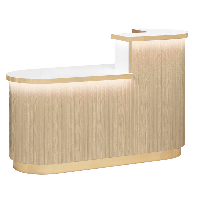 Oak reception desk with white top on a white background