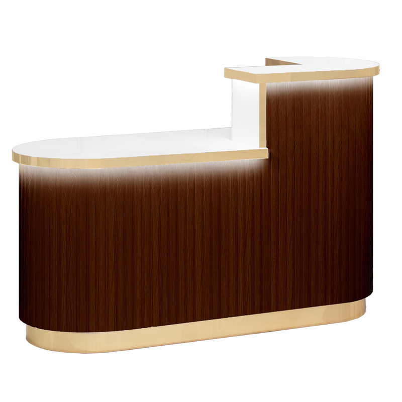 Wooden reception desk with white top on a white background