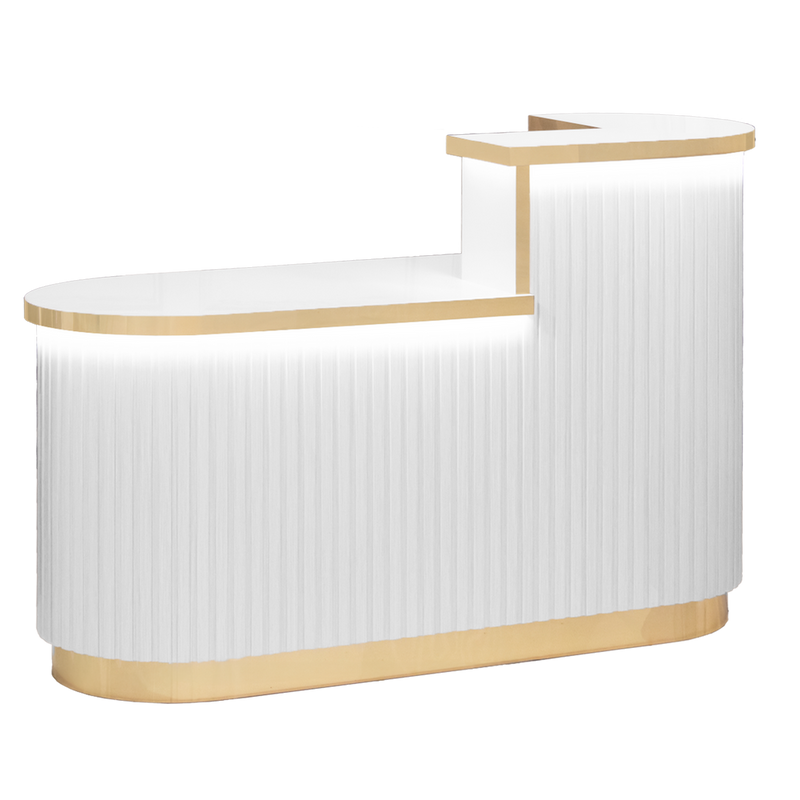 White reception desk with gold accents on a white background