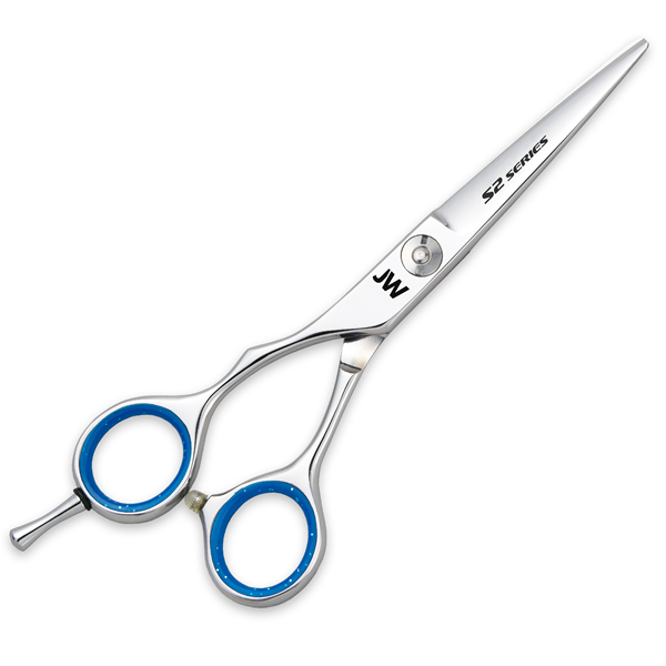 JW Shears S2 Lefty stainless steel shears with blue rings and offset handle, left-handed.