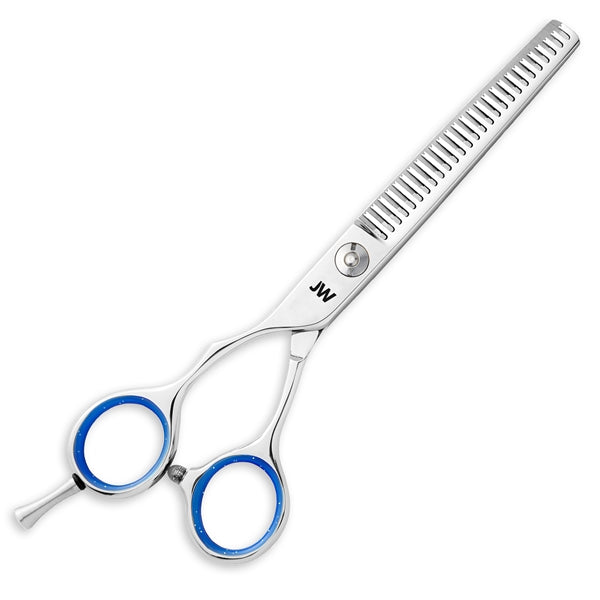 JW S2 Lefty Thinning Series by JW Shears: offset handle, blue grips, stainless steel.