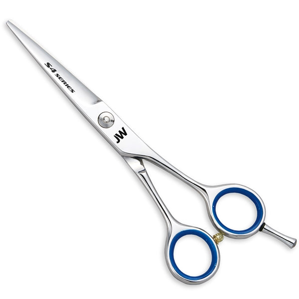 JW S4 Series Right Handed Shears by JW Shears with blue grips and a precision flat screw.