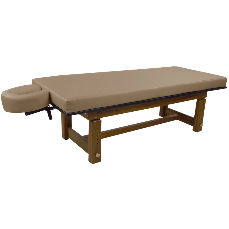 Solterra Teak Massage Table Camel by TouchAmerica with headrest, ideal for indoor or outdoor use.