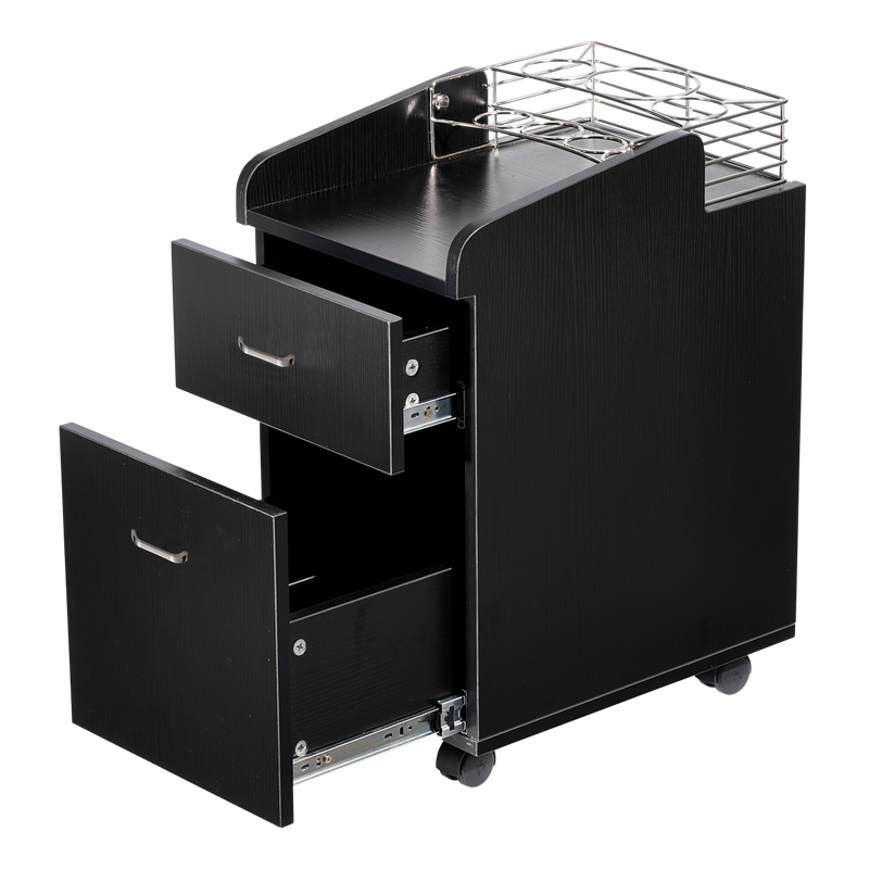 Whale Spa Accessory Cart Black with two open drawers and a metal rack on top.