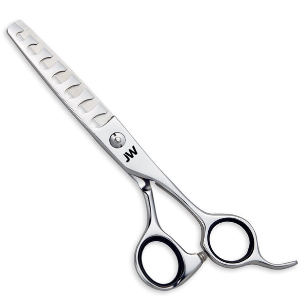 JW Shears TS7 Texturizing Series thinning shears with 7 teeth and black finger inserts.
