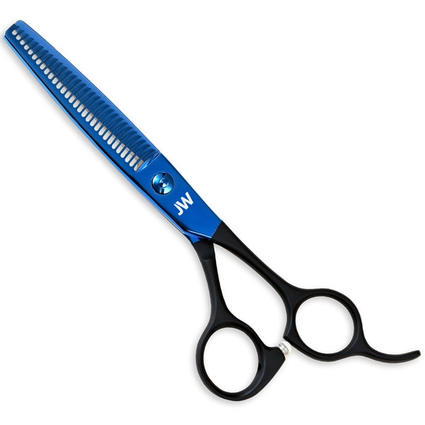 JW Blu Blending Series Thinning Shears by JW Shears with blue titanium coating and finger holes.