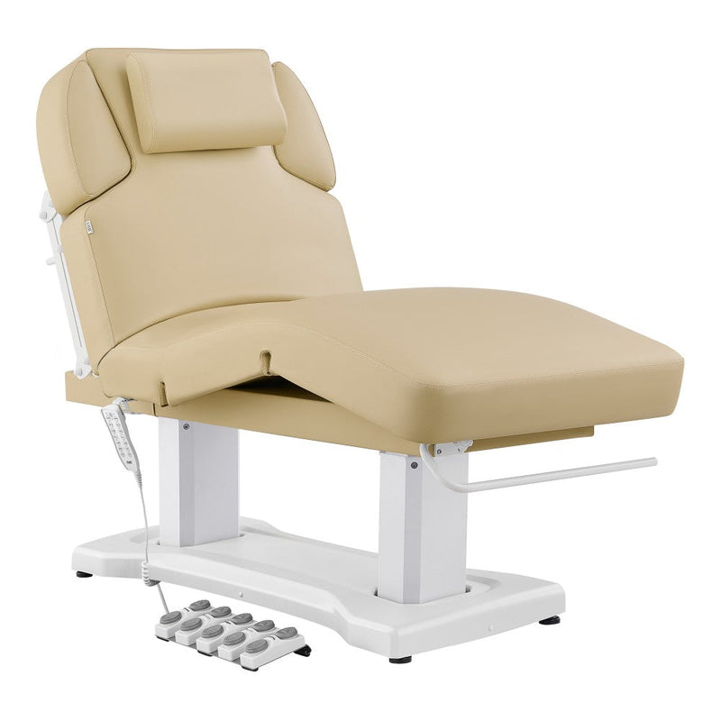 Beige massage chair with white base on a white background