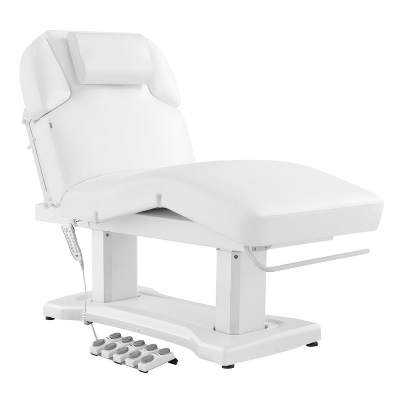 White massage table with adjustable features on a white background