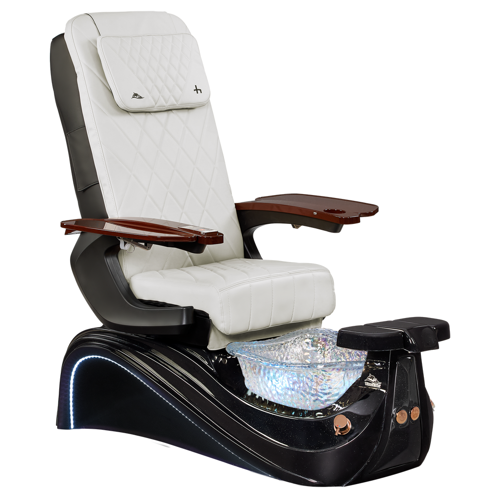 Victoria III White pedicure chair with black base and wooden armrests on a white background