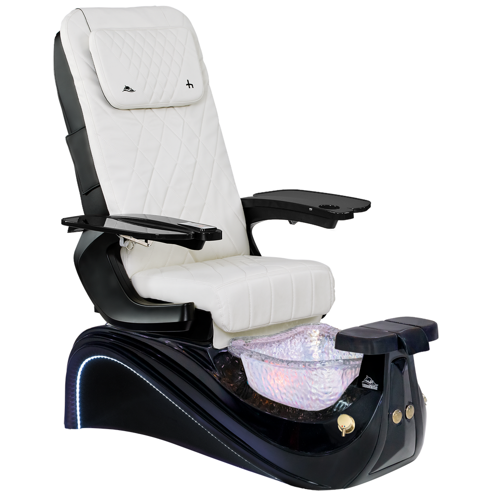 Victoria III Pedicure chair with white cushioned seat and black base on a white background