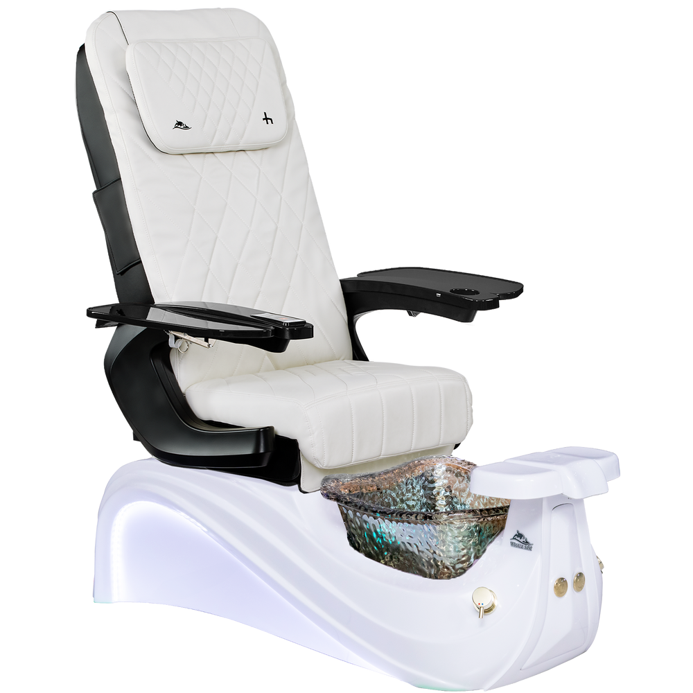 Victoria III White and black pedicure chair with a foot basin on a white background