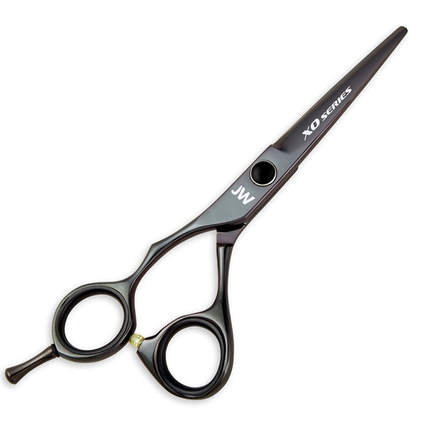 JW Shears XO Lefty Series left handed shears with black titanium coating on white background.